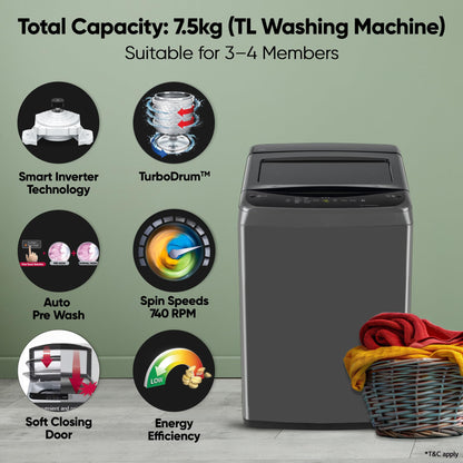 LG 7.5 Kg 5 Star Smart Inverter Technology Fully Automatic Top Load Washing Machine (T75VBMB1Z, Auto Prewash, Turbodrum, Stainless Steel drum, LED Display, Smart Diagnosis, Middle Black) 