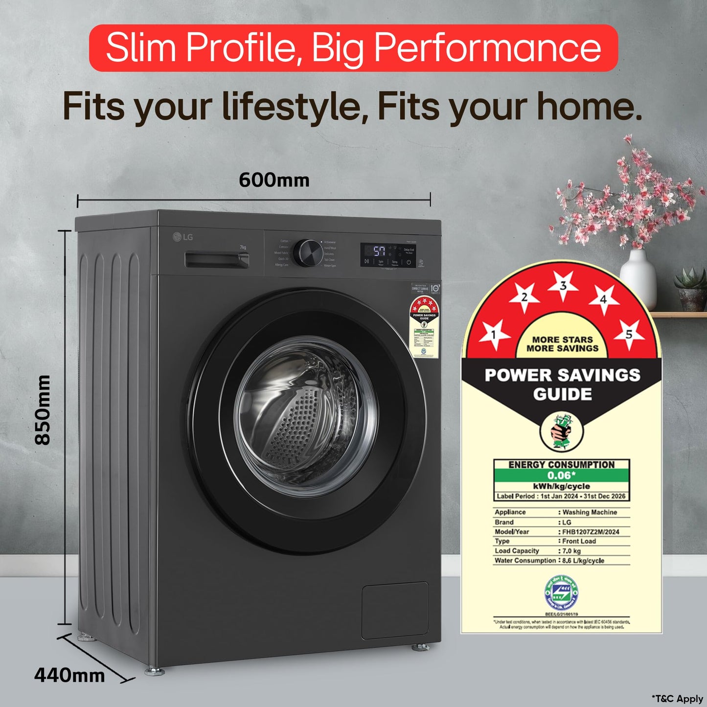 LG 7 Kg, 5 Star, Direct Drive Technology, Steam Wash, 6 Motion DD, Fully-Automatic Front Load Washing Machine (FHB1207Z2M, Allergy Care, In-Built Heater, Touch Panel, 2024 model, Middle Black) 