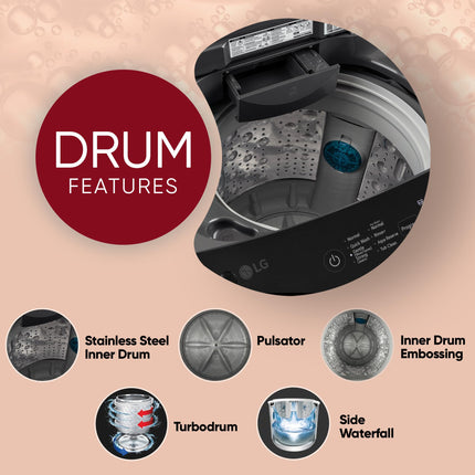 LG 7 Kg 5 Star Smart Inverter Technology Fully Automatic Top Load Washing Machine (T70VBMB1Z, Auto Prewash, Turbodrum, Stainless Steel drum, LED Display, Smart Diagnosis Middle Black) 