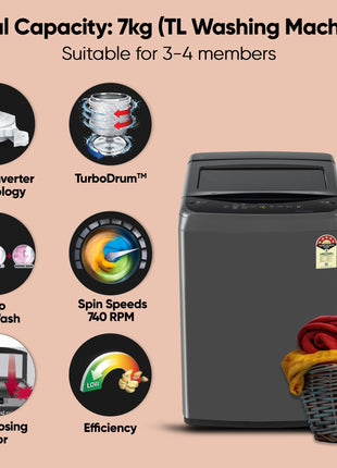 LG 7 Kg 5 Star Smart Inverter Technology Fully Automatic Top Load Washing Machine (T70VBMB1Z, Auto Prewash, Turbodrum, Stainless Steel drum, LED Display, Smart Diagnosis Middle Black) 