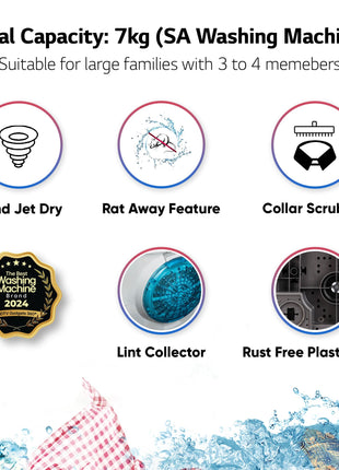 LG 7 Kg 5 Star Wind Jet Dry Semi-Automatic Top Loading Washing Machine (P7020NGAZ, Dark Gray, Rat Away Feature) 