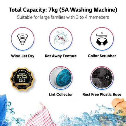 LG 7 Kg 5 Star Wind Jet Dry Semi-Automatic Top Loading Washing Machine (P7020NGAZ, Dark Gray, Rat Away Feature) 