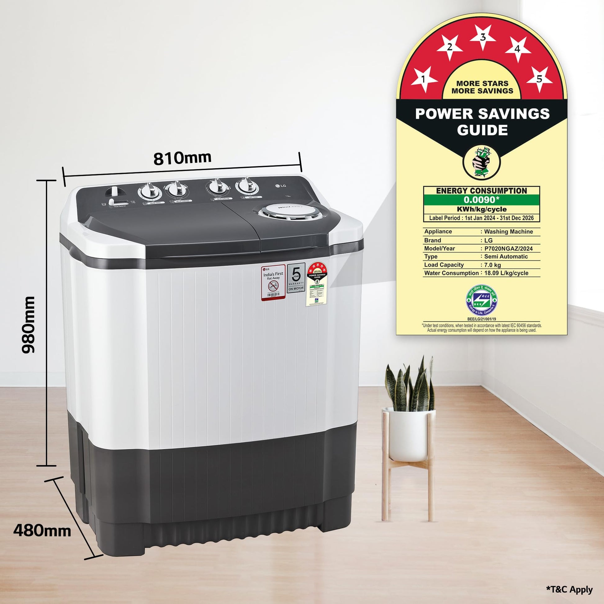 LG 7 Kg 5 Star Wind Jet Dry Semi-Automatic Top Loading Washing Machine (P7020NGAZ, Dark Gray, Rat Away Feature) 