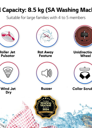 LG 8.5 kg 5 Star Semi-Automatic Top Load Washing Machine (P8530SRAZ, Burgundy, Roller Jet Pulsator) 