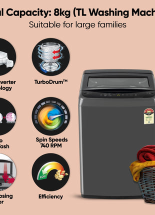 LG 8 Kg 5 Star Smart Inverter Technology Fully Automatic Top Load Washing Machine (T80VBMB4Z, Turbodrum, Auto Prewash, Stainless Steel drum, LED Display, Smart Diagnosis, Middle Black) 
