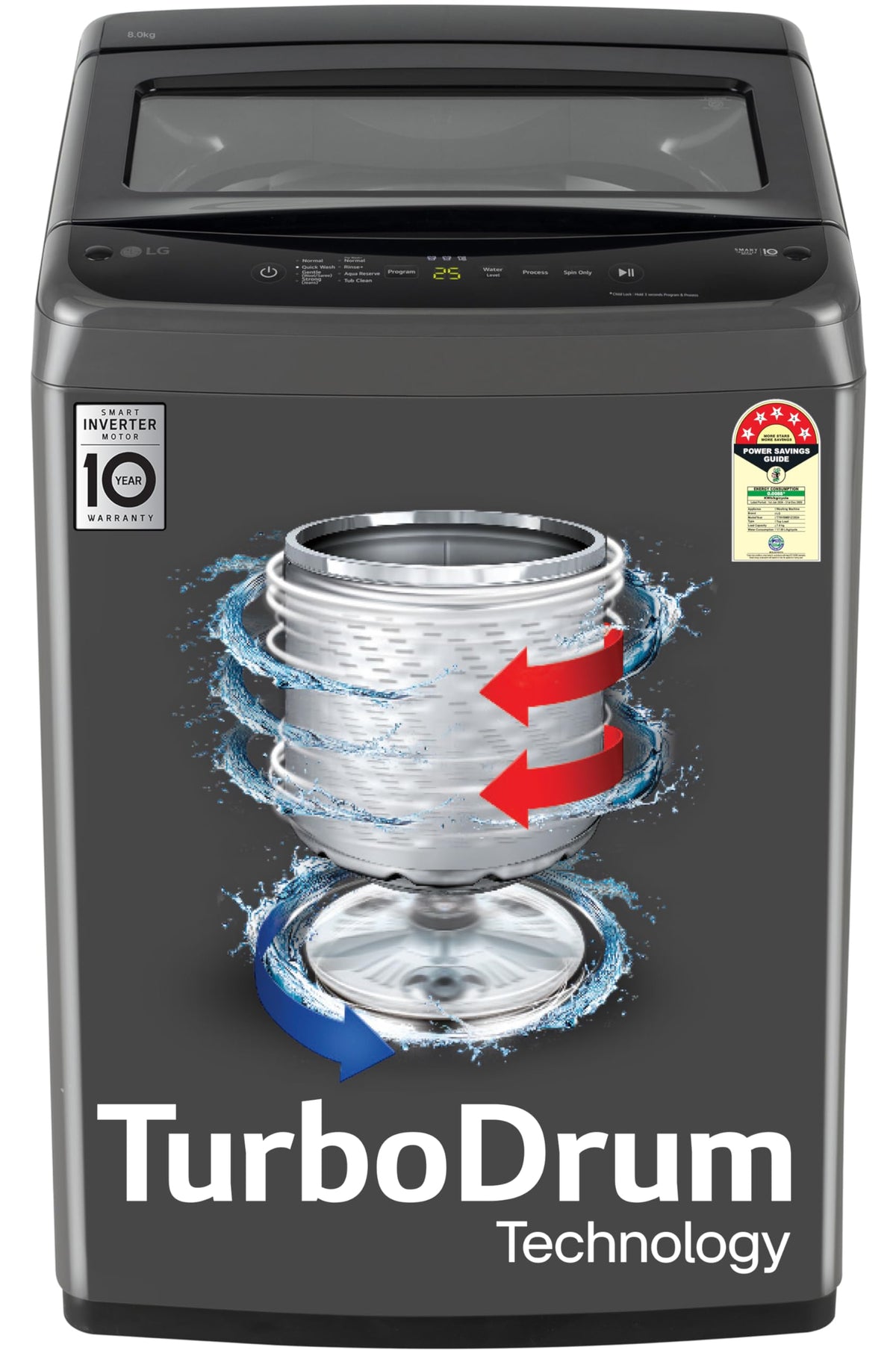 LG 8 Kg 5 Star Smart Inverter Technology Fully Automatic Top Load Washing Machine (T80VBMB4Z, Turbodrum, Auto Prewash, Stainless Steel drum, LED Display, Smart Diagnosis, Middle Black) 