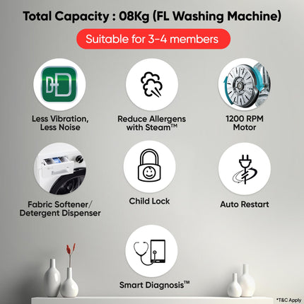 LG 8 Kg 5 Star Steam, Inverter Direct Drive Technology, 6 Motion DD, Fully-Automatic Front Load Washing Machine (FHB1208Z2W, Dial + Full Touch Buttons & LED Display, Essence White) 