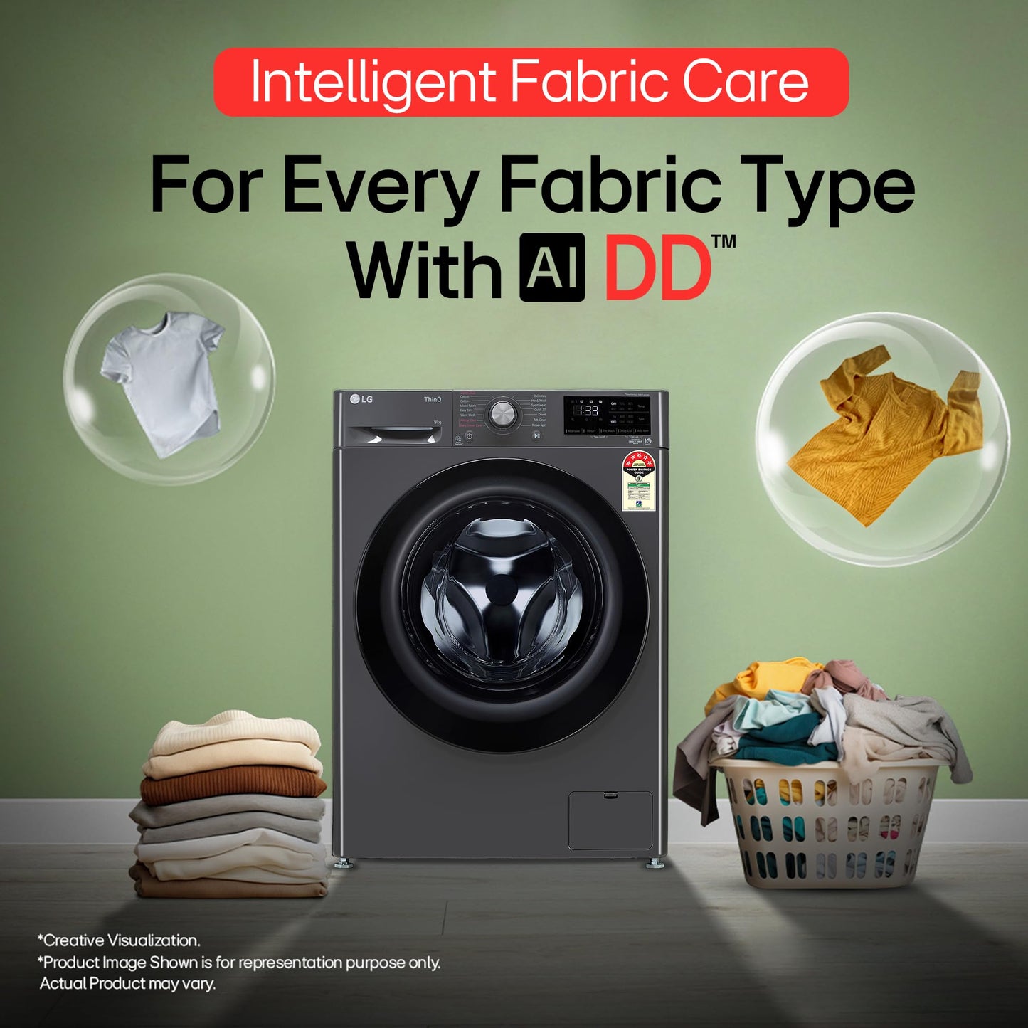 LG 9 Kg, 5 Star, AI Direct Drive Technology, Steam, 6 Motion DD & Wi-Fi Fully-Automatic Front Load Washing Machine (FHP1209Z5M, Intelligent & Convenient Fabric Care, Allergy Care, Middle Black) 