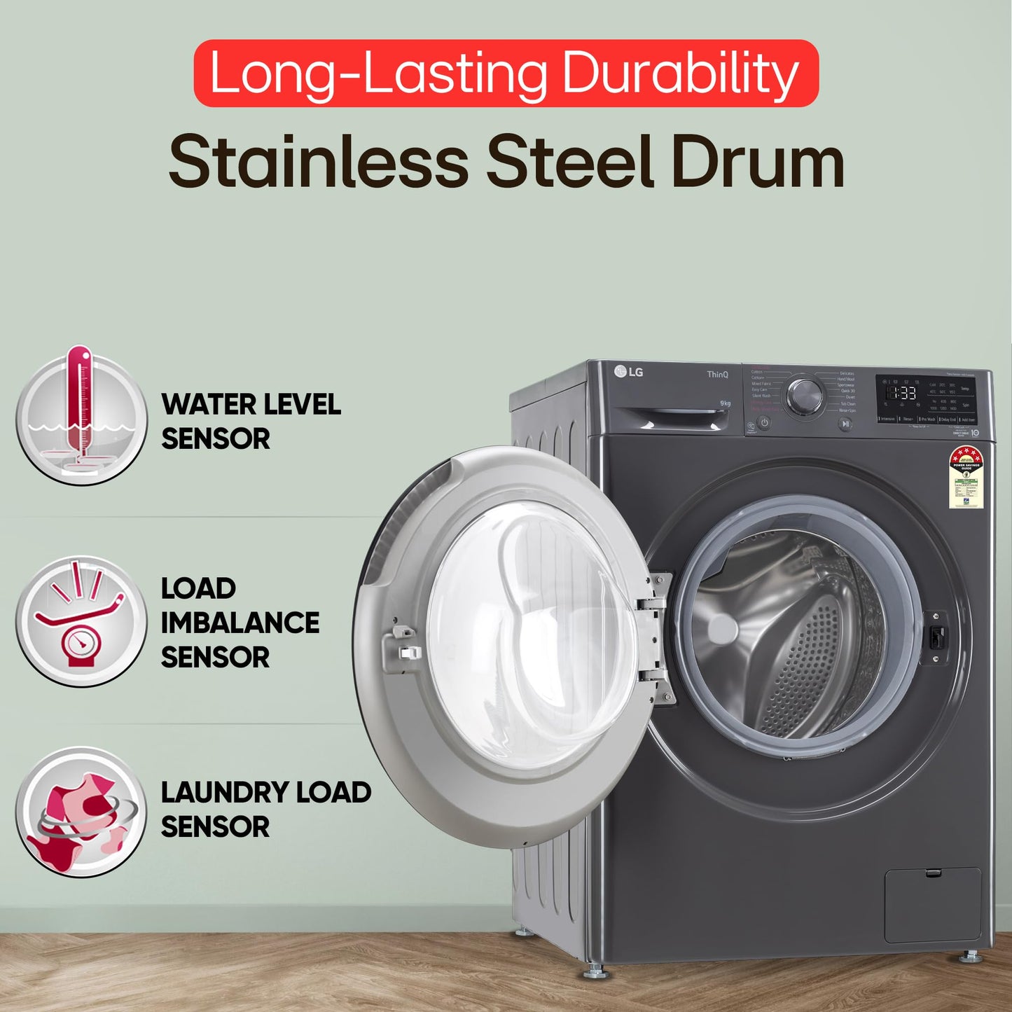 LG 9 Kg, 5 Star, AI Direct Drive Technology, Steam, 6 Motion DD & Wi-Fi Fully-Automatic Front Load Washing Machine (FHP1209Z5M, Intelligent & Convenient Fabric Care, Allergy Care, Middle Black) 