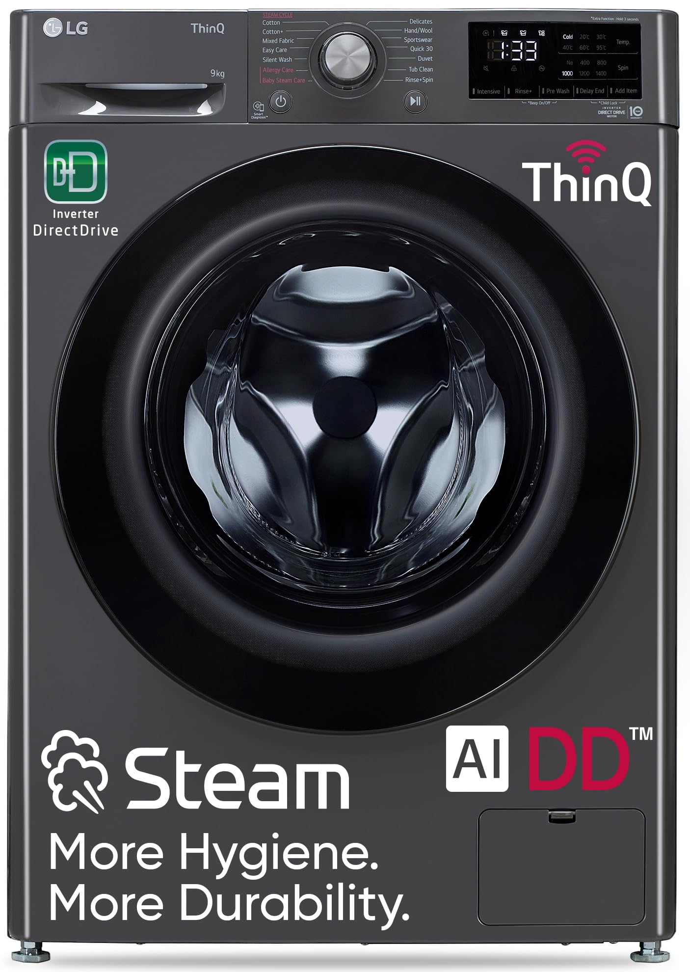 LG 9 Kg, 5 Star, AI Direct Drive Technology, Steam, 6 Motion DD & Wi-Fi Fully-Automatic Front Load Washing Machine (FHP1209Z5M, Intelligent & Convenient Fabric Care, Allergy Care, Middle Black) 