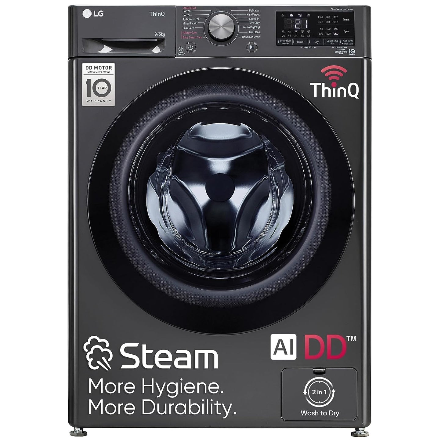 LG 9 Kg (Wash) / 5 Kg (Dry), Ai Direct Drive Technology, Steam, TurboWash & Wi-Fi Fully Automatic Front Load Washer Dryer (FHD0905SWM, Intelligent & Convenient Fabric Care, Allergy Care, Middle Black) 
