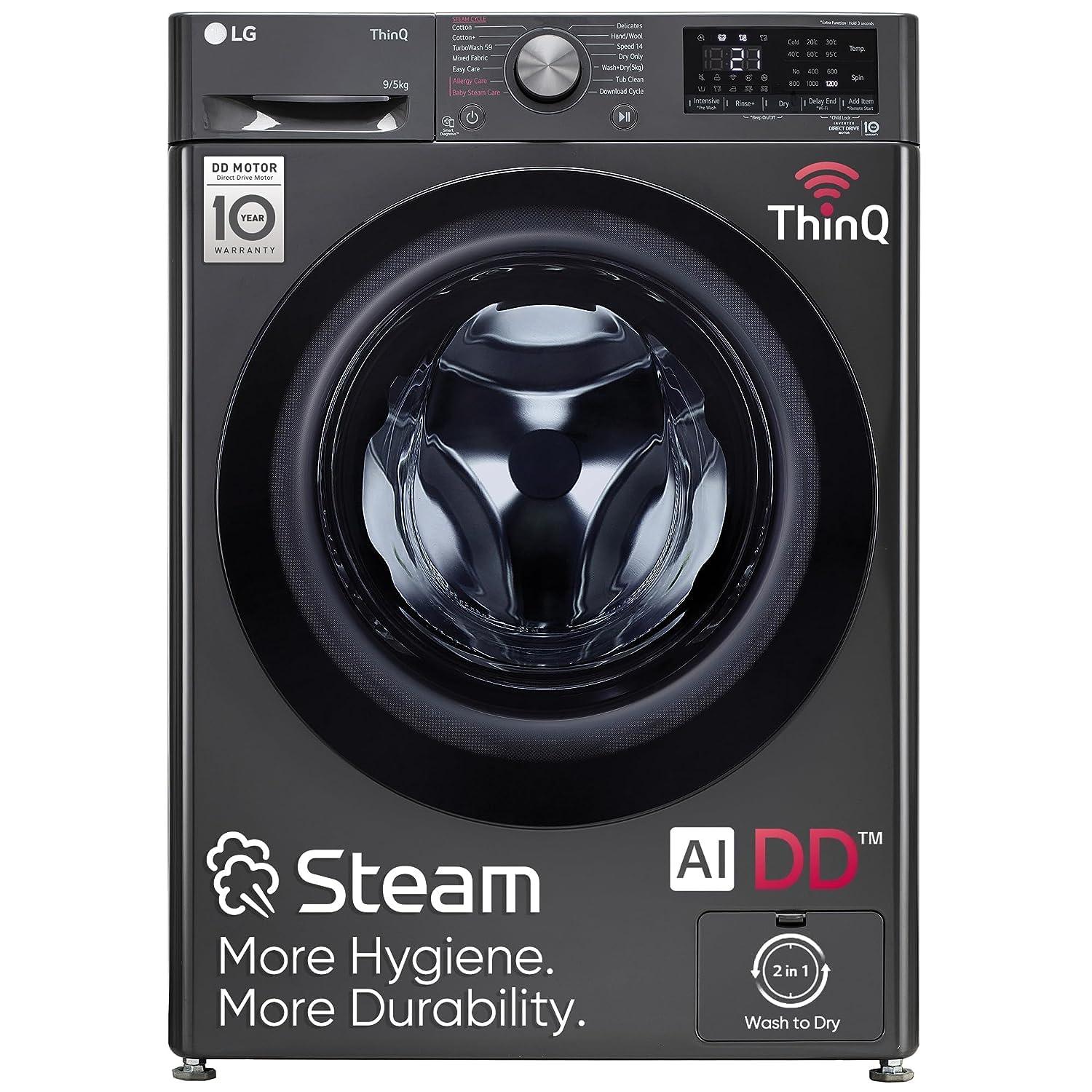 LG 9 Kg (Wash) / 5 Kg (Dry), Ai Direct Drive Technology, Steam, TurboWash & Wi-Fi Fully Automatic Front Load Washer Dryer (FHD0905SWM, Intelligent & Convenient Fabric Care, Allergy Care, Middle Black) 