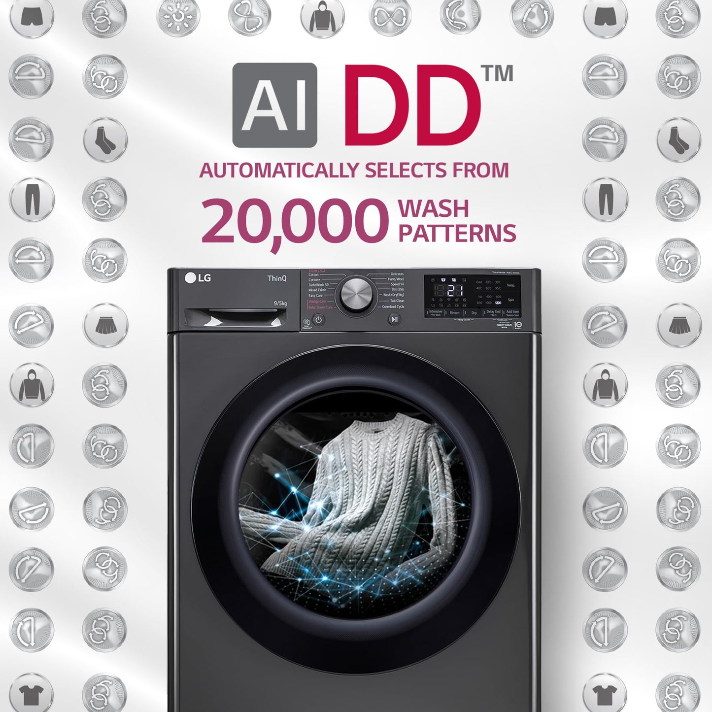 LG 9 Kg (Wash) / 5 Kg (Dry), Ai Direct Drive Technology, Steam, TurboWash & Wi-Fi Fully Automatic Front Load Washer Dryer (FHD0905SWM, Intelligent & Convenient Fabric Care, Allergy Care, Middle Black) 