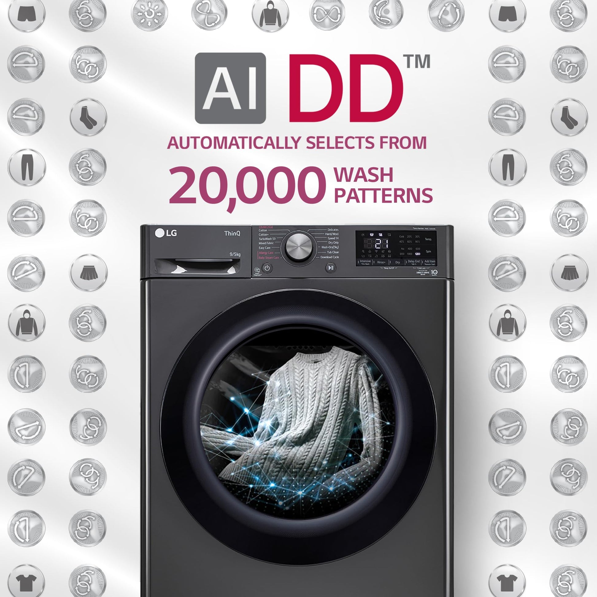 LG 9 Kg (Wash) / 5 Kg (Dry), Ai Direct Drive Technology, Steam, TurboWash & Wi-Fi Fully Automatic Front Load Washer Dryer (FHD0905SWM, Intelligent & Convenient Fabric Care, Allergy Care, Middle Black) 