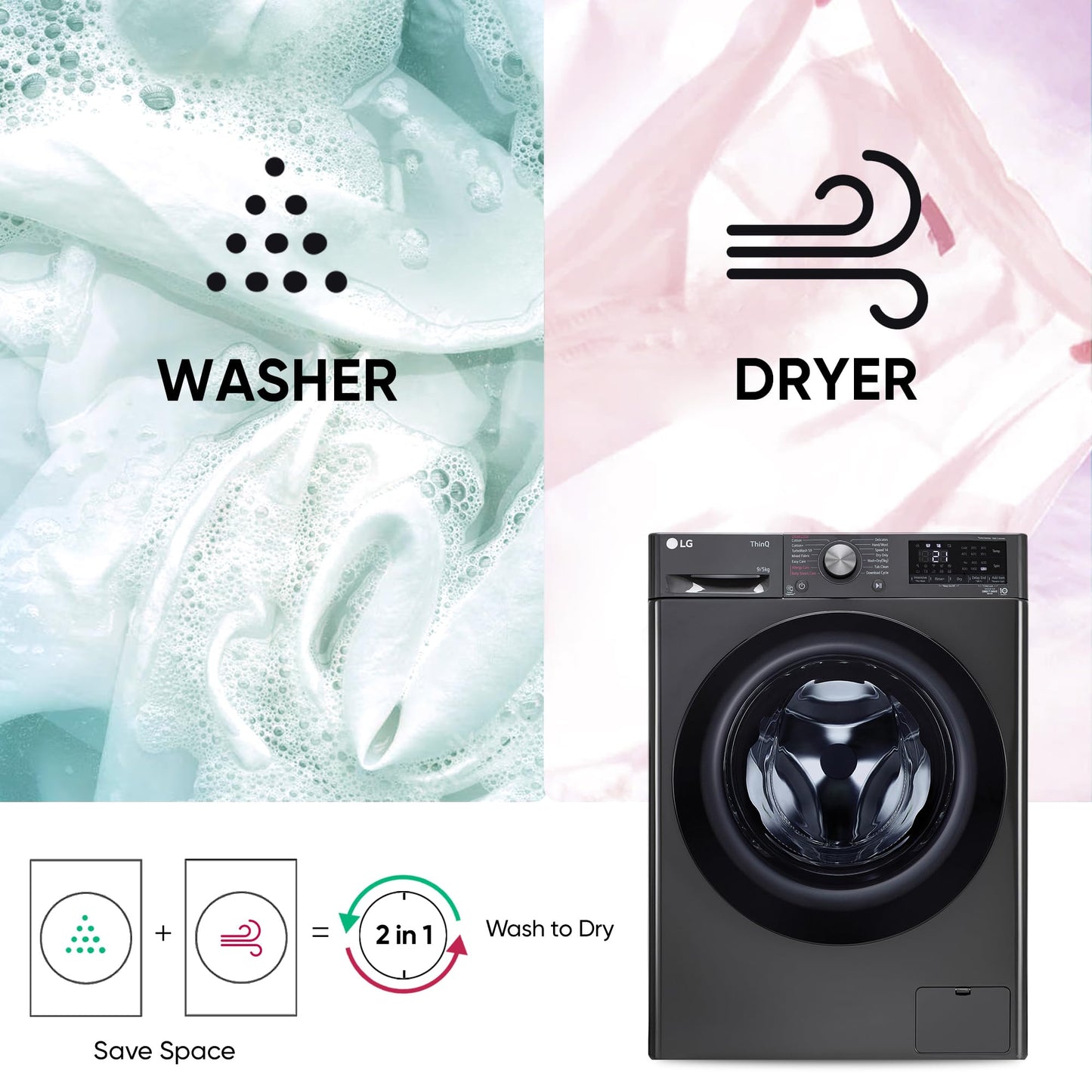 LG 9 Kg (Wash) / 5 Kg (Dry), Ai Direct Drive Technology, Steam, TurboWash & Wi-Fi Fully Automatic Front Load Washer Dryer (FHD0905SWM, Intelligent & Convenient Fabric Care, Allergy Care, Middle Black) 