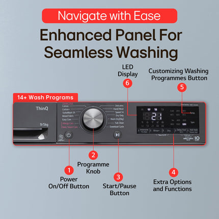 LG 9 Kg (Wash) / 5 Kg (Dry), Ai Direct Drive Technology, Steam, TurboWash & Wi-Fi Fully Automatic Front Load Washer Dryer (FHD0905SWM, Intelligent & Convenient Fabric Care, Allergy Care, Middle Black) 