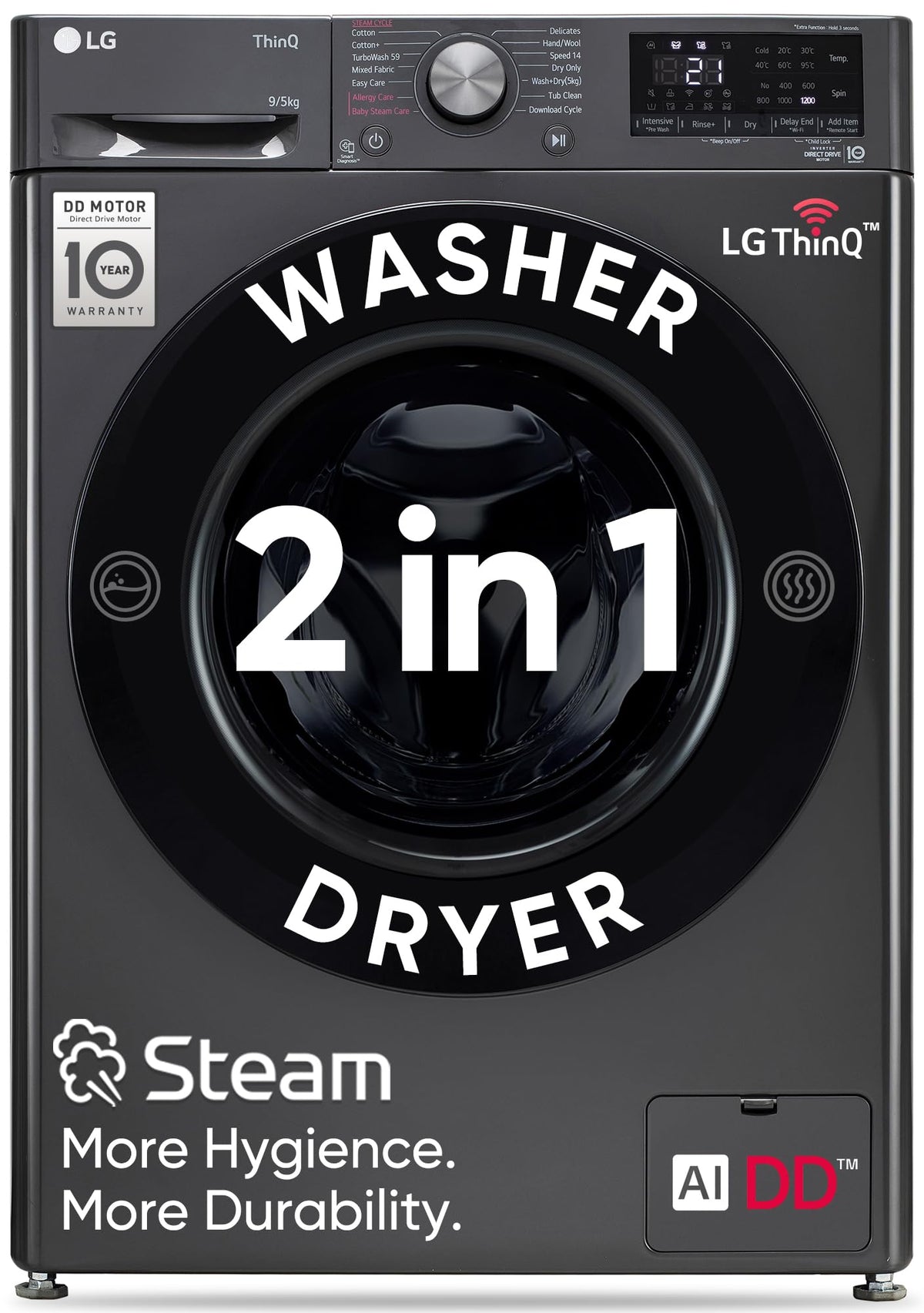 LG 9 Kg (Wash) / 5 Kg (Dry), Ai Direct Drive Technology, Steam, TurboWash & Wi-Fi Fully Automatic Front Load Washer Dryer (FHD0905SWM, Intelligent & Convenient Fabric Care, Allergy Care, Middle Black) 