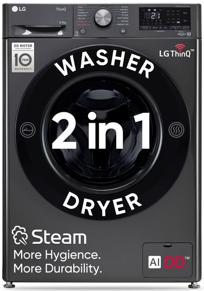 LG 9 Kg (Wash) / 5 Kg (Dry), Ai Direct Drive Technology, Steam, TurboWash & Wi-Fi Fully Automatic Front Load Washer Dryer (FHD0905SWM, Intelligent & Convenient Fabric Care, Allergy Care, Middle Black) 