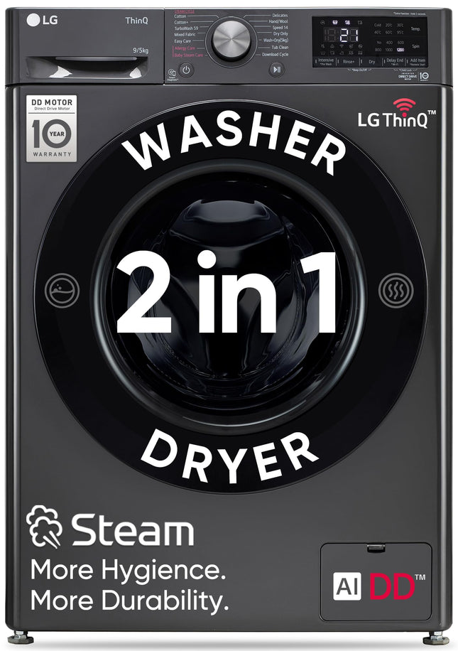 LG 9 Kg (Wash) / 5 Kg (Dry), Ai Direct Drive Technology, Steam, TurboWash & Wi-Fi Fully Automatic Front Load Washer Dryer (FHD0905SWM, Intelligent & Convenient Fabric Care, Allergy Care, Middle Black) 