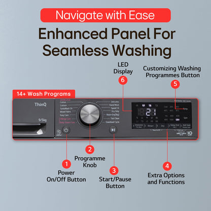 LG 9 Kg (Wash) / 5 Kg (Dry), Ai Direct Drive Technology, Steam, TurboWash & Wi-Fi Fully Automatic Front Load Washer Dryer (FHD0905SWM, Intelligent & Convenient Fabric Care, Allergy Care, Middle Black) 