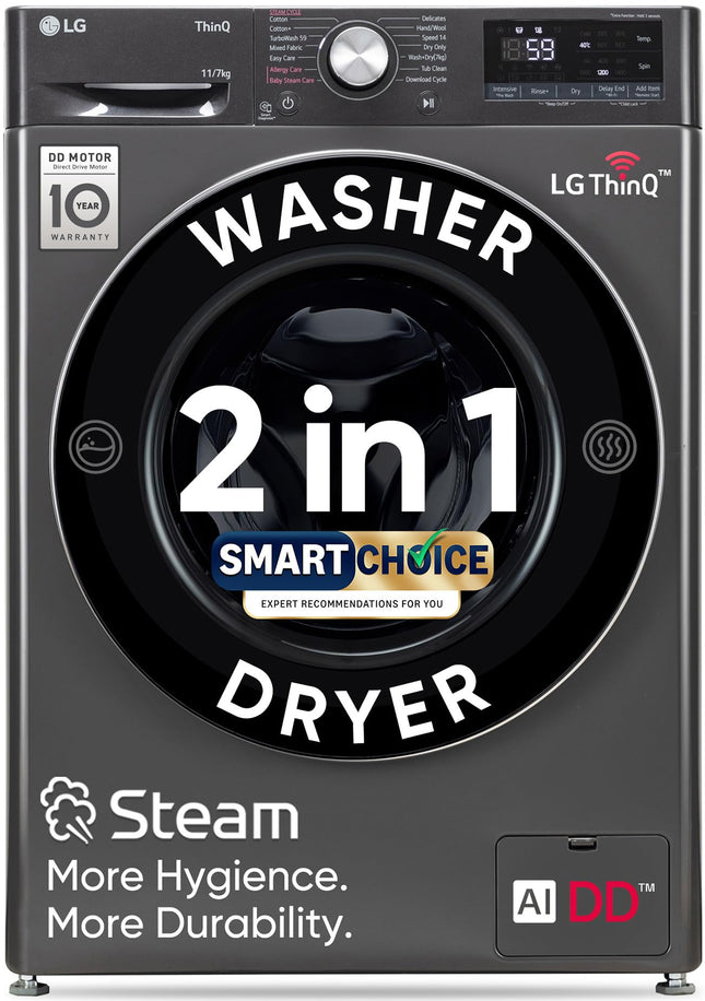 LG Smart Choice,11 Kg (Wash)/7 Kg (Dry), AI Direct Drive Technology, Steam, 6 Motion DD & Wi-Fi Front Load Fully Automatic Washer Dryer (FHD1107SWM, Intelligent & Convenient Fabric Care, Middle Black) 
