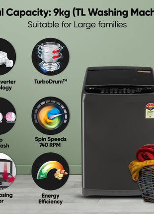 LG Smart Choice, 9 Kg, 5 Star, Smart Inverter Technology, Turbodrum, Fully Automatic Top Load Washing Machine (T90AJMB1Z, Jetspray+, Turbowash, Auto Tub Clean after every wash cycle, Middle Black) 
