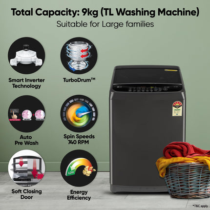 LG Smart Choice, 9 Kg, 5 Star, Smart Inverter Technology, Turbodrum, Fully Automatic Top Load Washing Machine (T90AJMB1Z, Jetspray+, Turbowash, Auto Tub Clean after every wash cycle, Middle Black) 