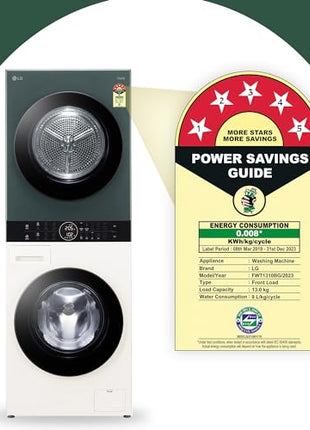 LG WashTower 13 Kg /10 Kg with AI Direct Drive & DUAL Inverter Heat Pump, Fully Automatic Front Load Washing Machine and Dryer (FWT1310BG) with Wi Fi & Central Control Panel Natural Beige & Green 