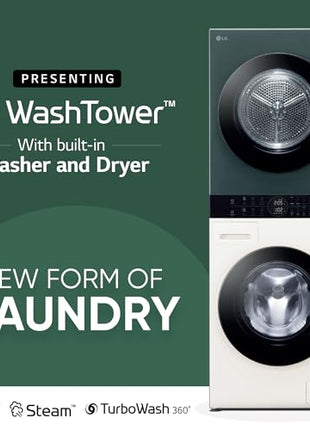 LG WashTower 13 Kg /10 Kg with AI Direct Drive & DUAL Inverter Heat Pump, Fully Automatic Front Load Washing Machine and Dryer (FWT1310BG) with Wi Fi & Central Control Panel Natural Beige & Green 