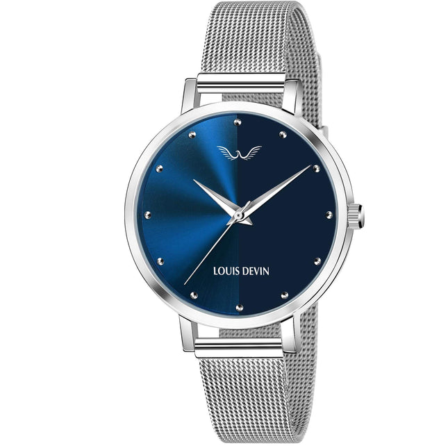 LOUIS DEVIN LD-L144-BLU-CH Mesh Blue Dial Silver Band Stainless Steel Chain Analog Wrist Watch for Women 