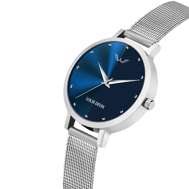 LOUIS DEVIN LD-L144-BLU-CH Mesh Blue Dial Silver Band Stainless Steel Chain Analog Wrist Watch for Women 