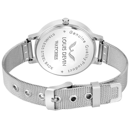 LOUIS DEVIN LD-L144-BLU-CH Mesh Blue Dial Silver Band Stainless Steel Chain Analog Wrist Watch for Women 