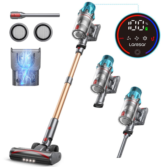 Laresar Ultra 7 Cordless Vacuum Cleaner 550W/45Kpa Stick Vacuum Cleaner with Touch Screen, Up to 60 Mins Runtime, Lightweight Handheld Vacuums for Hardwood Floor Carpet Car Pet Hair, Black 