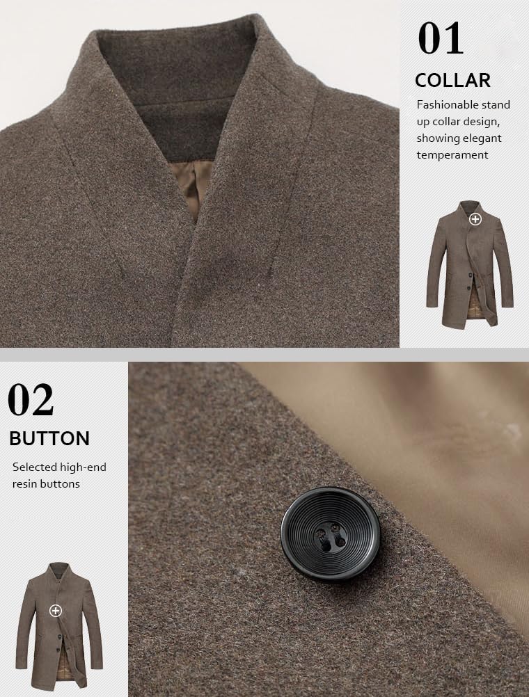 Lavnis Mens Wool Blend Trench Coat Slim Fit Overcoat Gray 