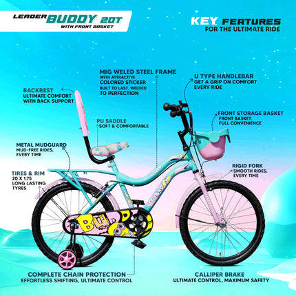 Leader Buddy 20T Kids Cycle for 5 to 9 Years Suitable for Boy and Girl Both - Sea Green/Light Pink 