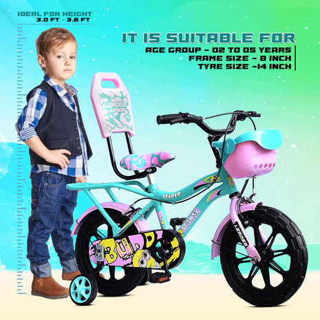 Leader Buddy Kids Cycle 14T with Training Wheels (SEMI-Assembled) for Boys and Girls Ideal for Age Group 2-5 Years | Frame: 8 Inches (14T, Sea Green_Light Pink) 