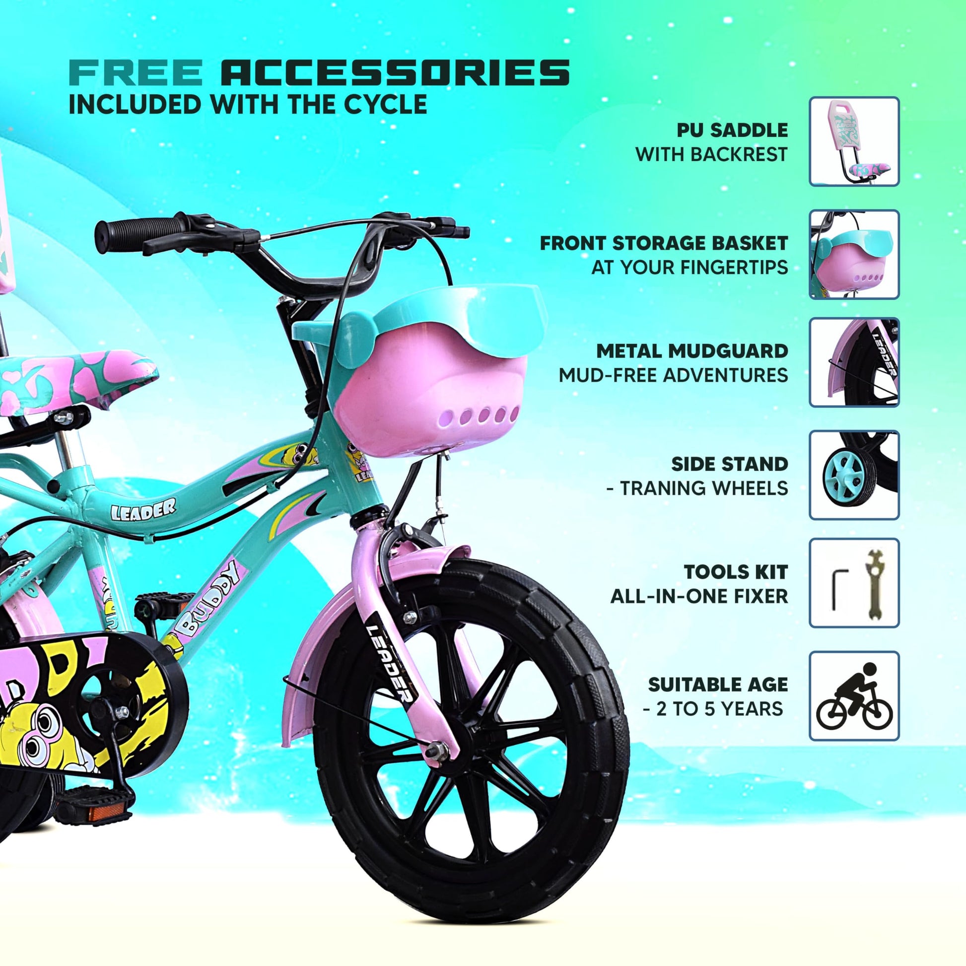 Leader Buddy Kids Cycle 14T with Training Wheels (SEMI-Assembled) for Boys and Girls Ideal for Age Group 2-5 Years | Frame: 8 Inches (14T, Sea Green_Light Pink) 