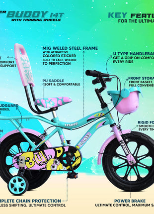 Leader Buddy Kids Cycle 14T with Training Wheels (SEMI-Assembled) for Boys and Girls Ideal for Age Group 2-5 Years | Frame: 8 Inches (14T, Sea Green_Light Pink) 
