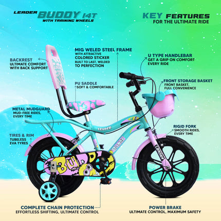 Leader Buddy Kids Cycle 14T with Training Wheels (SEMI-Assembled) for Boys and Girls Ideal for Age Group 2-5 Years | Frame: 8 Inches (14T, Sea Green_Light Pink) 
