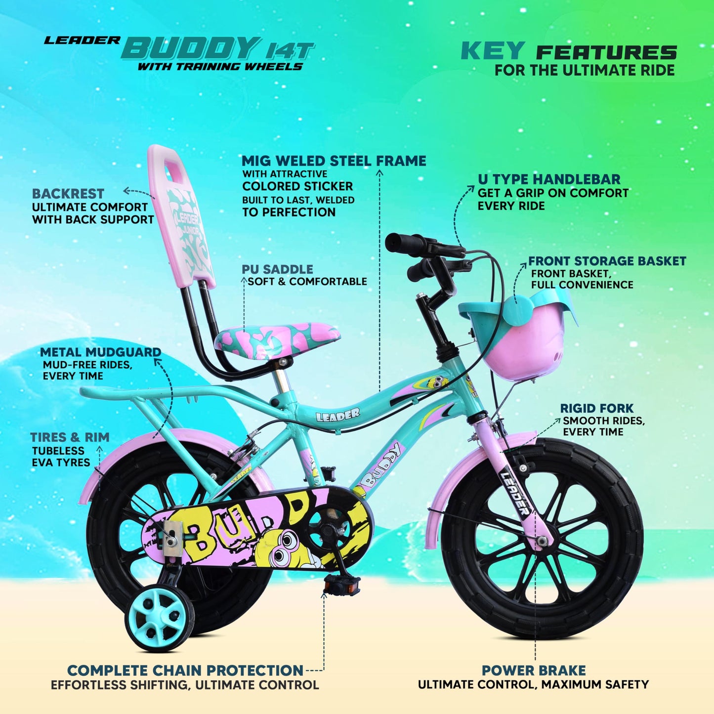 Leader Buddy Kids Cycle 14T with Training Wheels (SEMI-Assembled) for Boys and Girls Ideal for Age Group 2-5 Years | Frame: 8 Inches (14T, Sea Green_Light Pink) 