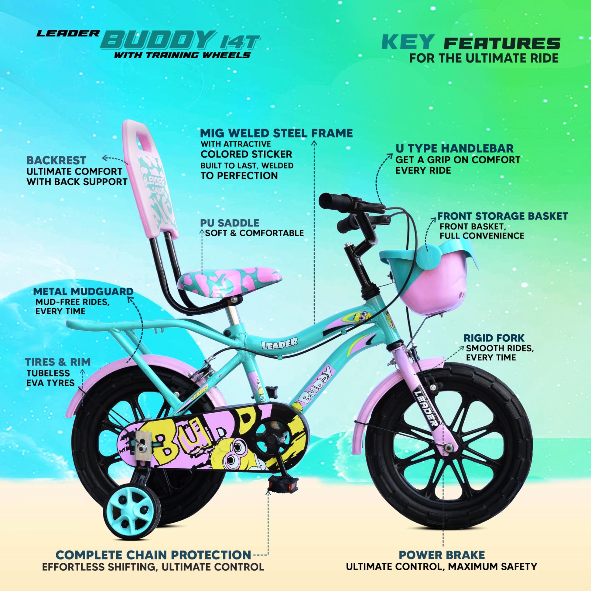 Leader Buddy Kids Cycle 14T with Training Wheels (SEMI-Assembled) for Boys and Girls Ideal for Age Group 2-5 Years | Frame: 8 Inches (14T, Sea Green_Light Pink) 
