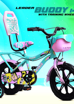 Leader Buddy Kids Cycle 14T with Training Wheels (SEMI-Assembled) for Boys and Girls Ideal for Age Group 2-5 Years | Frame: 8 Inches (14T, Sea Green_Light Pink) 