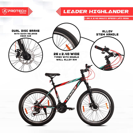 Leader Highlander 26T 21-Speed Alloy MTB Cycle| Free Pan India Installation | Dual Disc Brake and Front Suspension Ideal for 12+ Years 