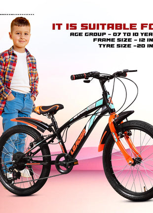 Leader Speedy Bike 20T 7 Speed Kids Cycle | Frame Size 12 Inch | Gear Cycle for Boys & Girls of Ages 7 to 10 Yrs - Black/Orange, Front Suspension 