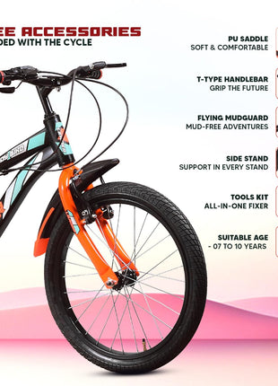 Leader Speedy Bike 20T 7 Speed Kids Cycle | Frame Size 12 Inch | Gear Cycle for Boys & Girls of Ages 7 to 10 Yrs - Black/Orange, Front Suspension 