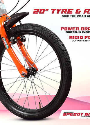 Leader Speedy Bike 20T 7 Speed Kids Cycle | Frame Size 12 Inch | Gear Cycle for Boys & Girls of Ages 7 to 10 Yrs - Black/Orange, Front Suspension 