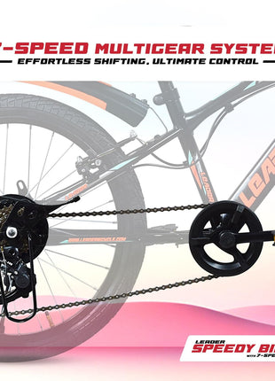 Leader Speedy Bike 20T 7 Speed Kids Cycle | Frame Size 12 Inch | Gear Cycle for Boys & Girls of Ages 7 to 10 Yrs - Black/Orange, Front Suspension 