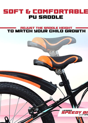 Leader Speedy Bike 20T 7 Speed Kids Cycle | Frame Size 12 Inch | Gear Cycle for Boys & Girls of Ages 7 to 10 Yrs - Black/Orange, Front Suspension 