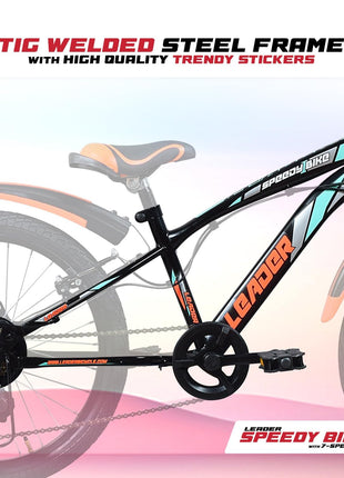 Leader Speedy Bike 20T 7 Speed Kids Cycle | Frame Size 12 Inch | Gear Cycle for Boys & Girls of Ages 7 to 10 Yrs - Black/Orange, Front Suspension 