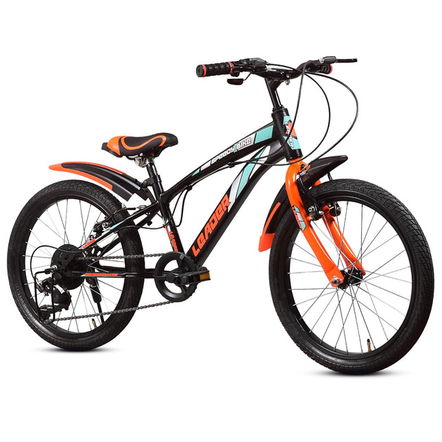 Leader Speedy Bike 20T 7 Speed Kids Cycle | Frame Size 12 Inch | Gear Cycle for Boys & Girls of Ages 7 to 10 Yrs - Black/Orange, Front Suspension 